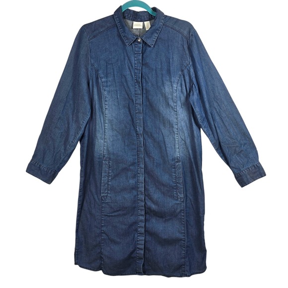 Chico's Dresses & Skirts - Chicos Blue Chambray‎ Button Front Shirt Dress Women Large Long Sleeve Pockets